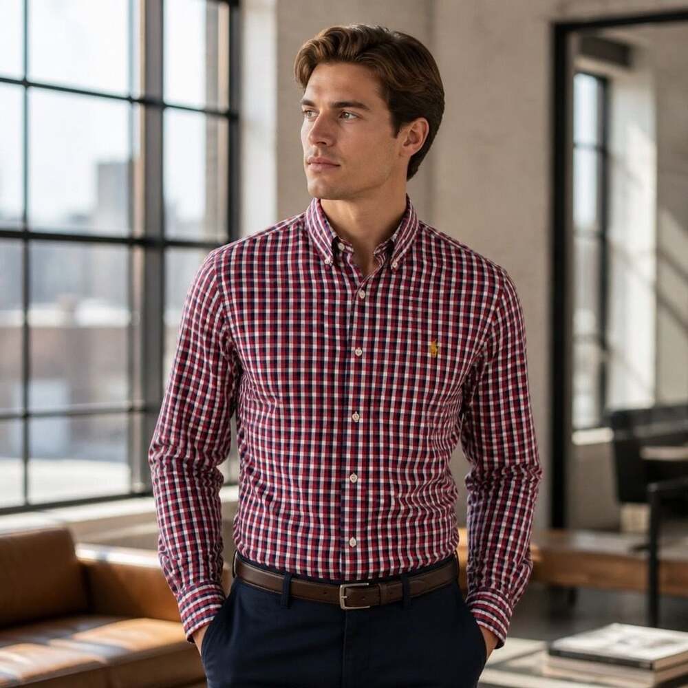 U.S. Polo Assn. Men's University Red Gingham Check Long Sleeve Woven Shirt 2XL